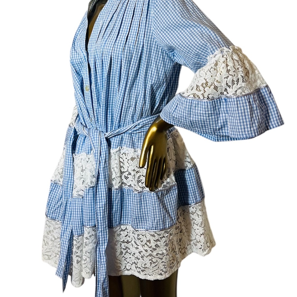 Queen Moda Italy Blue Gingham Mini Dress with Lace Ruffle Accents Size Small